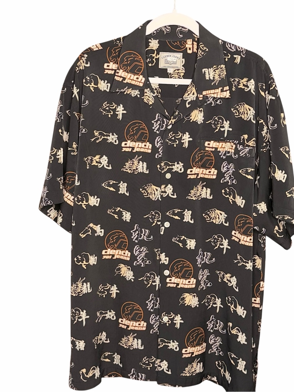 Black Short-Sleeve Printed Button-Down Shirt Size L